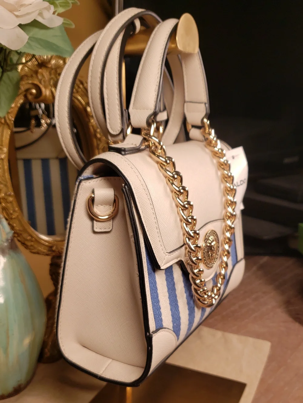 ALDO Blue & White Striped Satchel Crossbody w/ Gold Lion & Chain Accent NWT!